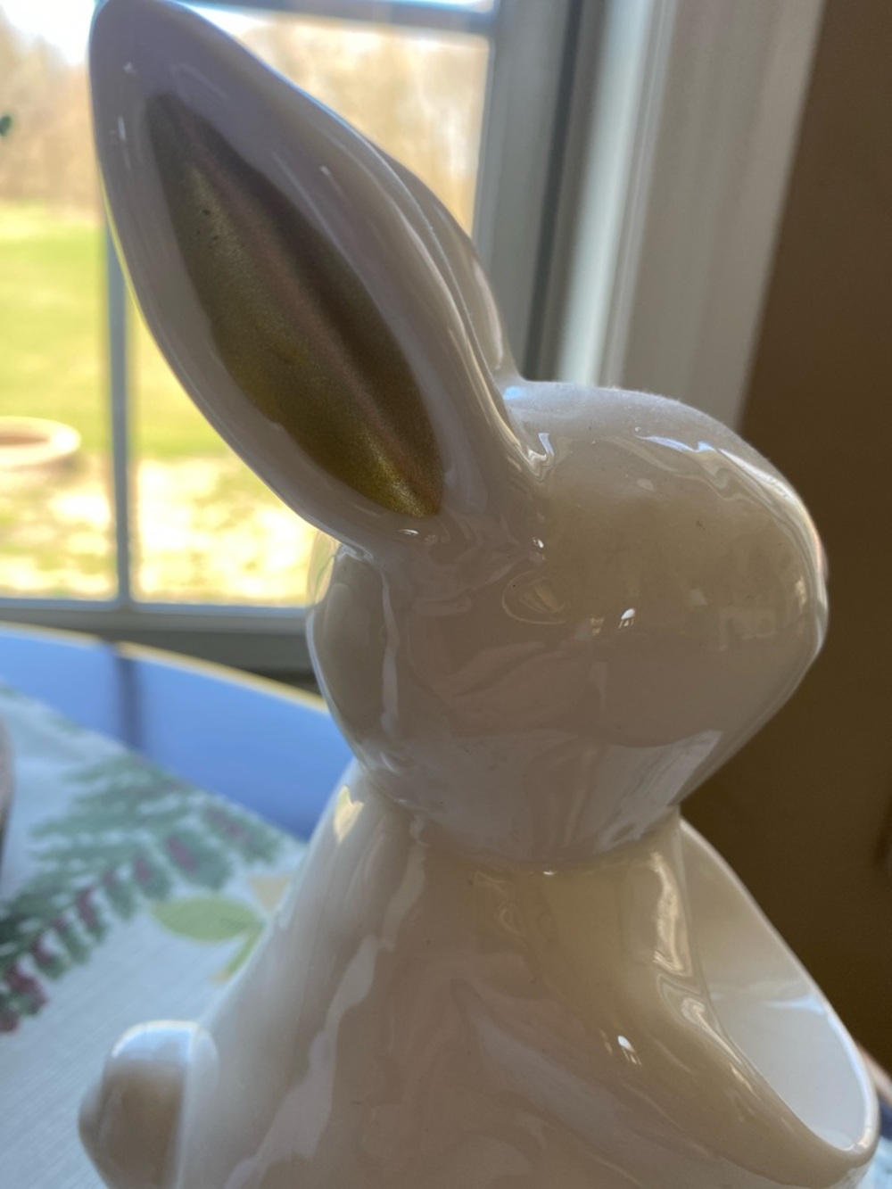 Ceramic White Bunny Figurine with Gold Accent Egg & wooden bunny decor - Picture 4 of 10